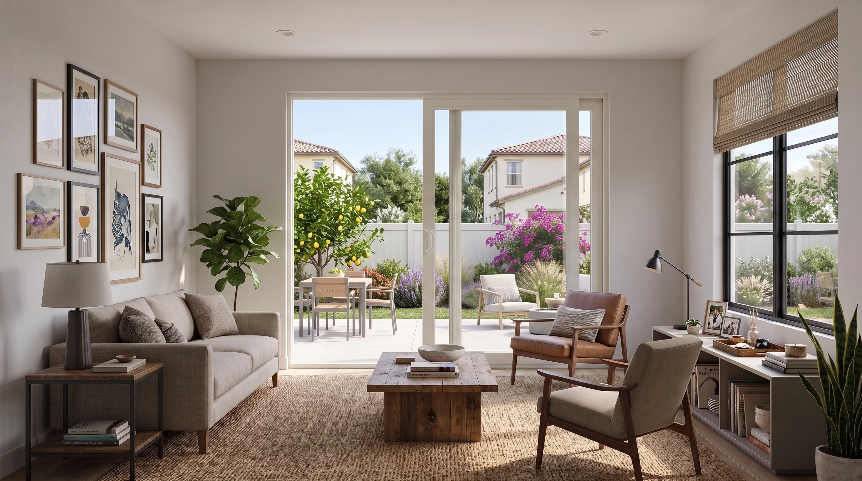 Illustration of a living room with a conventional sliding patio door.