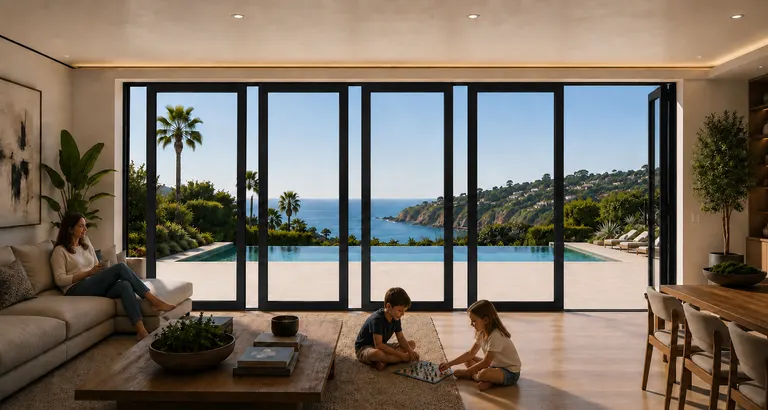 FlowDoors panels opened for fresh air while kids play nearby