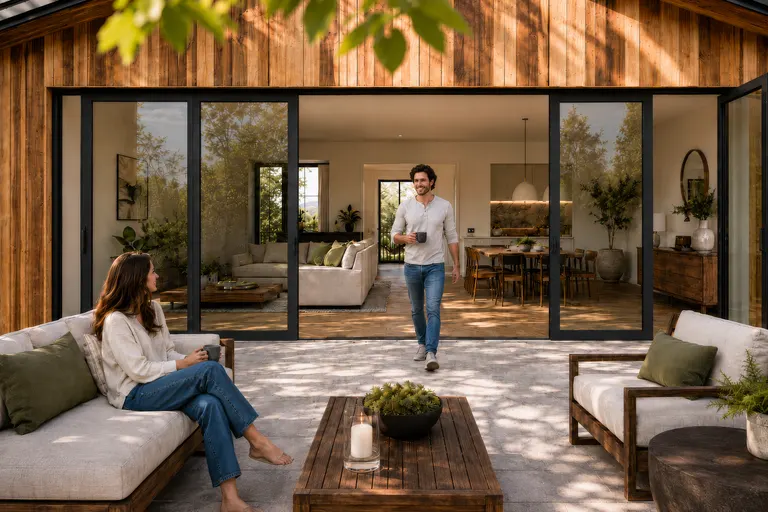 Person going through the main FlowDoors panel for everyday entry
