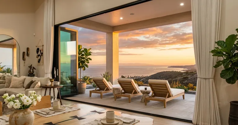 FlowDoors folding patio door opening to a California coastal view